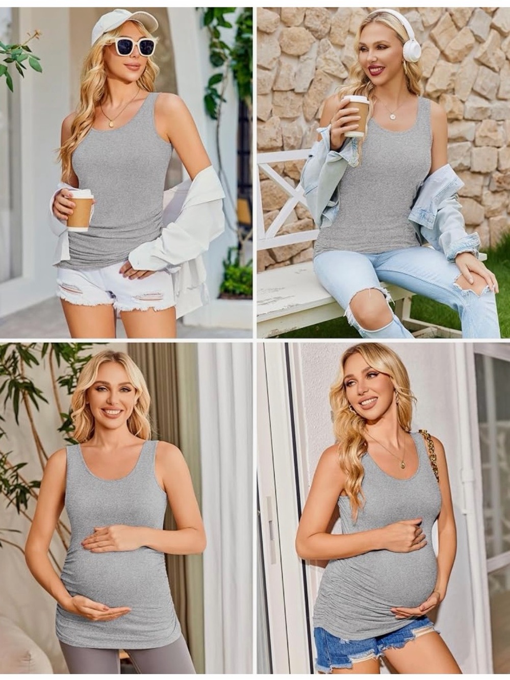 Women’s Ruched Maternity Tank Top - White and Light Gray (2)